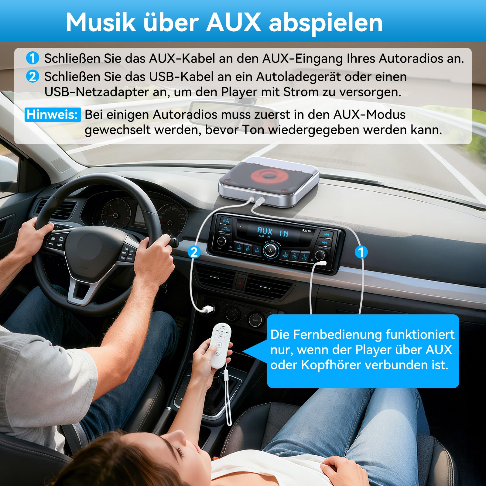 CD Player für Auto mit USB, CENXINY CD Laufwerk Externes mit AUX, Universal CD Player für Auto mit USB-Typ-C-Adapter, inklusive 1.5M USB-Verlängerungskabel,1 m AUX-Kabel,kompatibel mit Autoradio