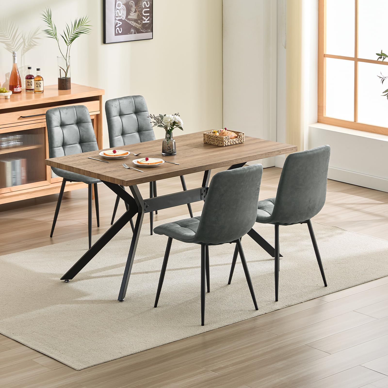 JIJIAN Set di 4 Sedie Sala da Pranzo, Sedie da Cucina in Tessuto Tecnologico, Sedie imbottite per Soggiorno con Gambe in Metallo Nero, Adatte per Sala da Pranzo, Sala d'attesa, Grigio Scuro