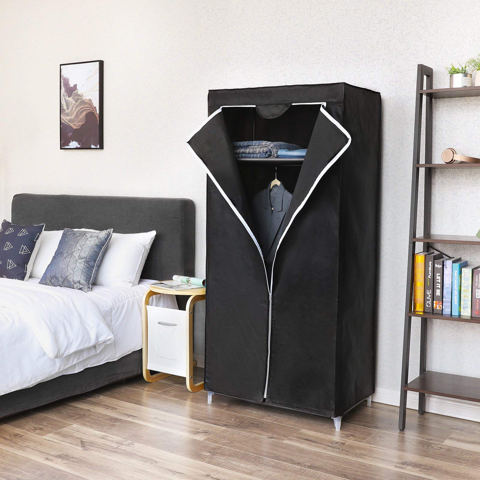 SONGMICS Szafa z materiału, szafa na ubrania, składana szafa z drążkiem na ubrania, stojak na ubrania, przechowywanie toreb, zabawek, butów, sypialni, garderoby, 75 x 45 x 160 cm, czarna RYG83H