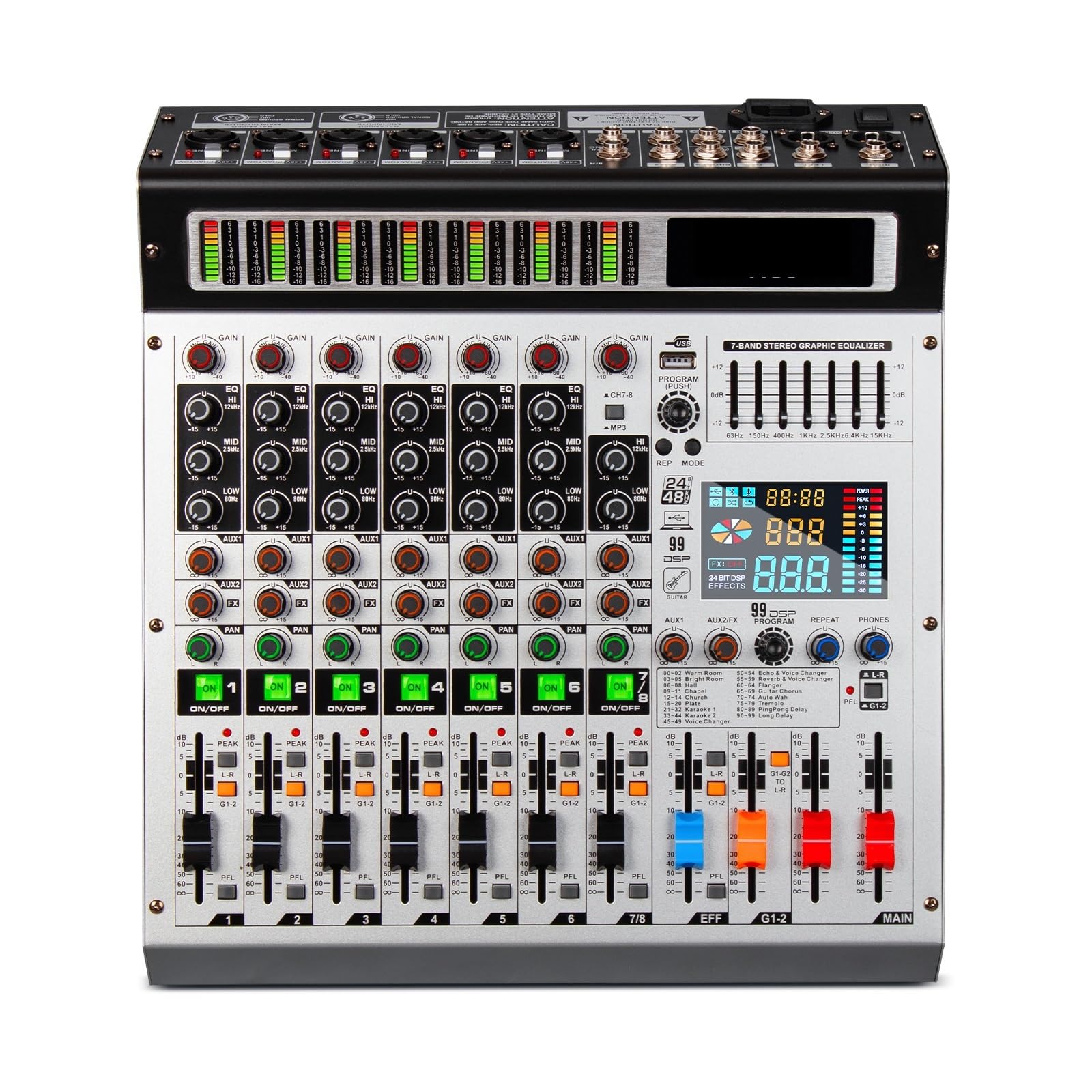 8 Channel Mixer, Professional Mixing 99 DSP Digital Effects Console Mixer DJ Console for Stage(8-Way)