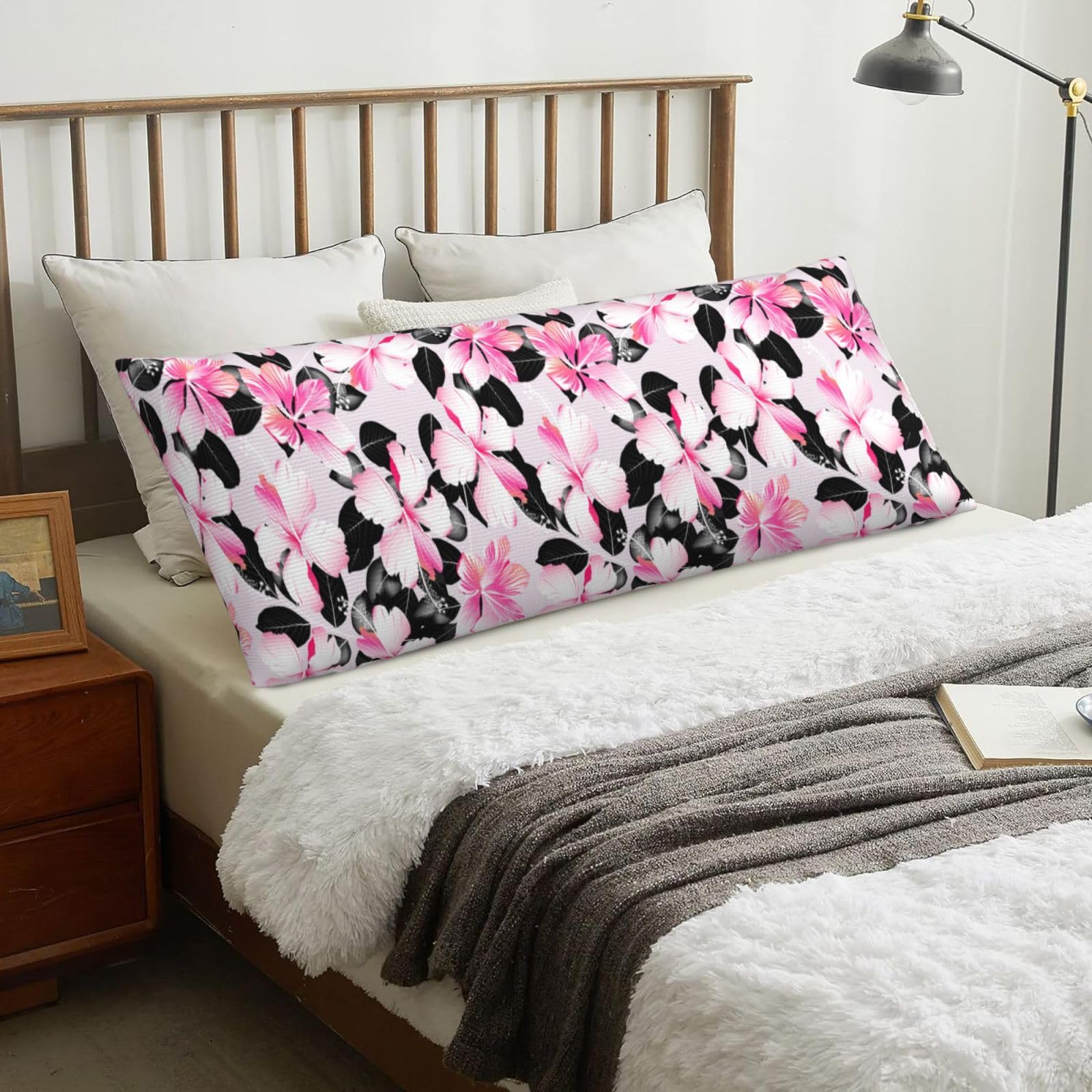 Tropical Hibiscus Flowers With Black Leaves, Body Pillow Cover with Zipper,Long Body Pillowcase 20 x 60 in