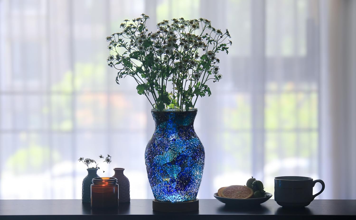 8-Inch Handcrafted Mosaic Cracked-Ice Vase Bedside Lamp with USB-Powered LED Wooden Base,Single-Switch Auto-Cycle RGB Mood Light,Ocean Blue Vase USB Night Light for Party,Camping Decor