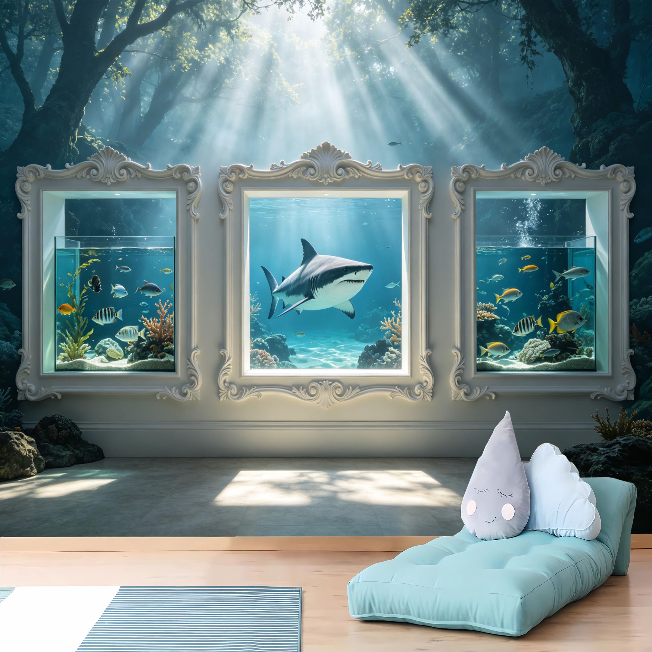 Custom Size Wall Murals 3D Ornate Niche with Shark and Forest Aquarium View Full Wall Self-Adhesive Wall Fabric (NO PVC) Removable Wallpaper for Office