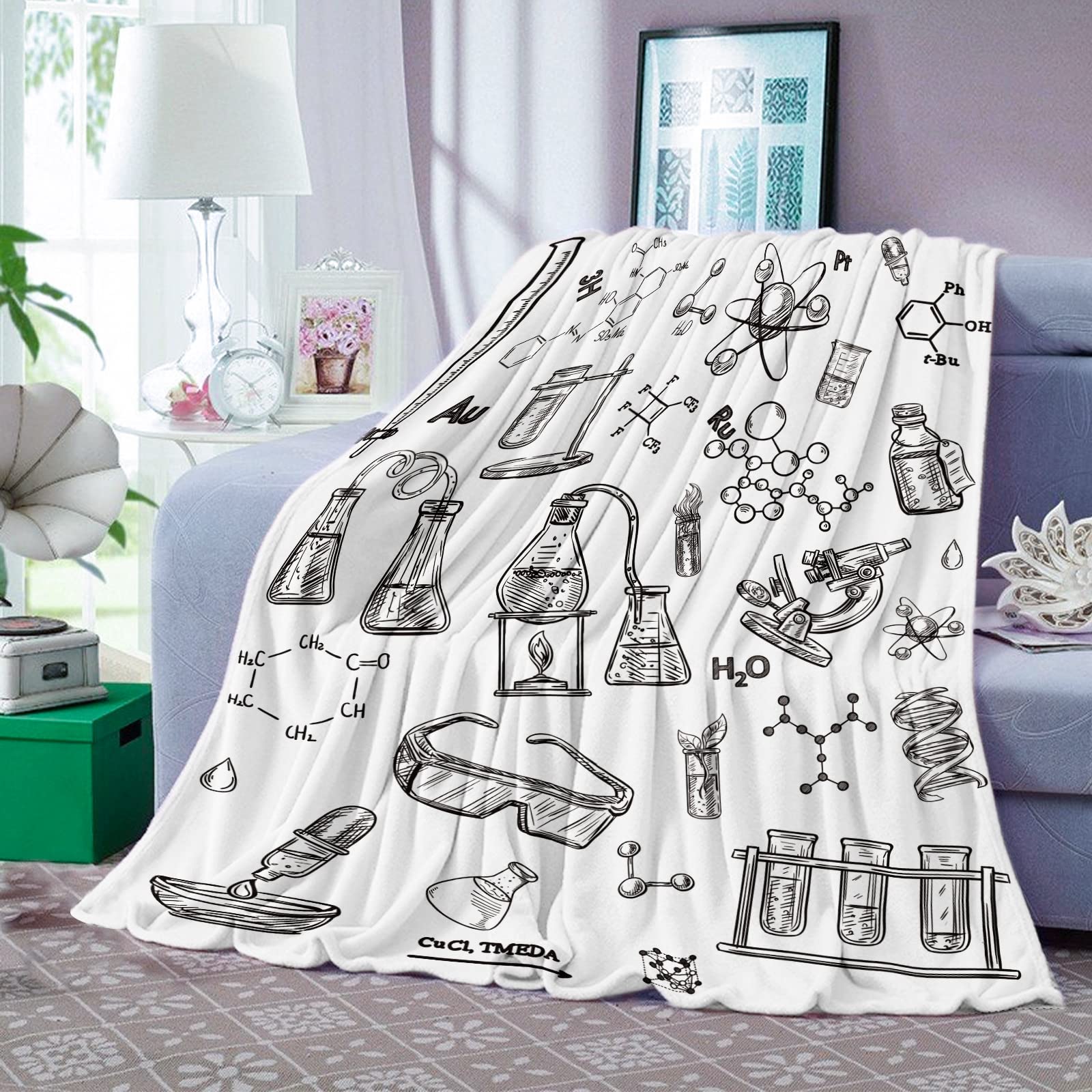 Domgoge Science Throw Blanket Cozy Soft Hand Drawn Style Chemistry Fleece Flannel Blankets Education Laboratory Illustration Formulas 130x152 cm - Image 2