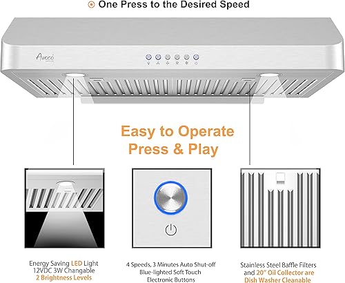 Miniatura 2 de Awoco RH-C06 - Campana de acero inoxidable de 6 pulgadas y 4 velocidades para usar debajo del gabinete, 900 CFM, con luces, 30, 36 y 42 pulgadas