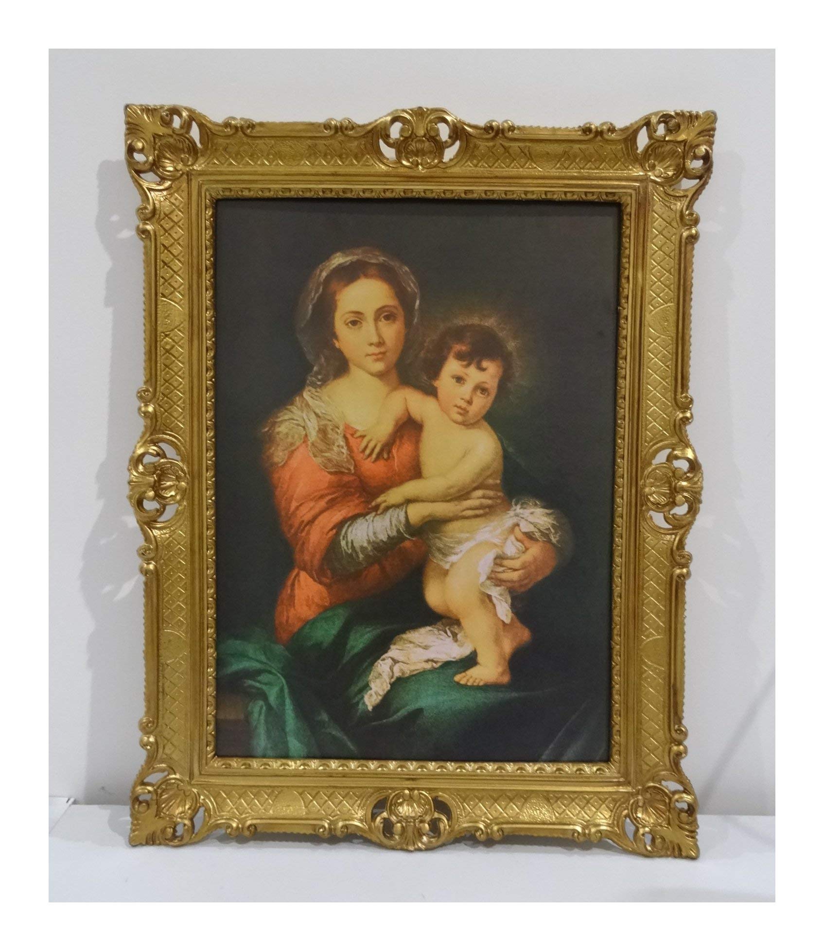 LA VERGINE COL FIGLIO BY MURILLO 90x70cm Antik Barock Rahmen mit Bild Wandbild 70x90cm Kunstdrucke Gemälde Religiöse Bilder Kunst von Heiligen Heiligenbild Retro Repro für Home Büro Praxis Café 58B