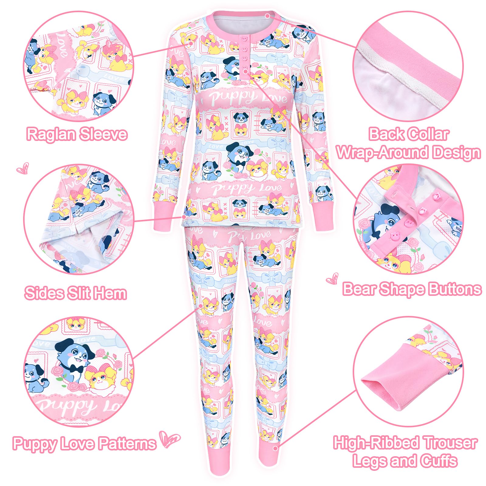 LittleForBig Conjunto de pijama de dos piezas para mujer, de manga larga, suave, transpirable, con texto en inglés "Puppy Love Little Blue"