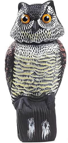 Señuelos de búho para asustar a los pájaros con cabeza giratoria, ojos realistas disuasorios naturales de aves enemigas y forma impermeable, búho