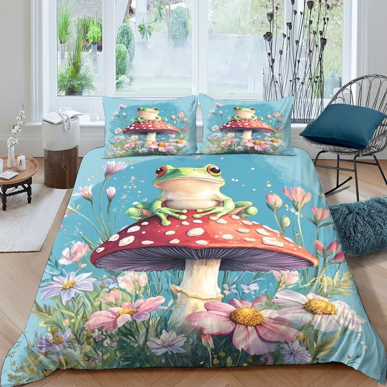 GPLZQXKJNH 3D Printed Frog Mushroom Duvet Cover Microfiber Soft Breathable Floral Bedding Set with 2 Pillowcases for Bedroom Decor Single（135x200cm）