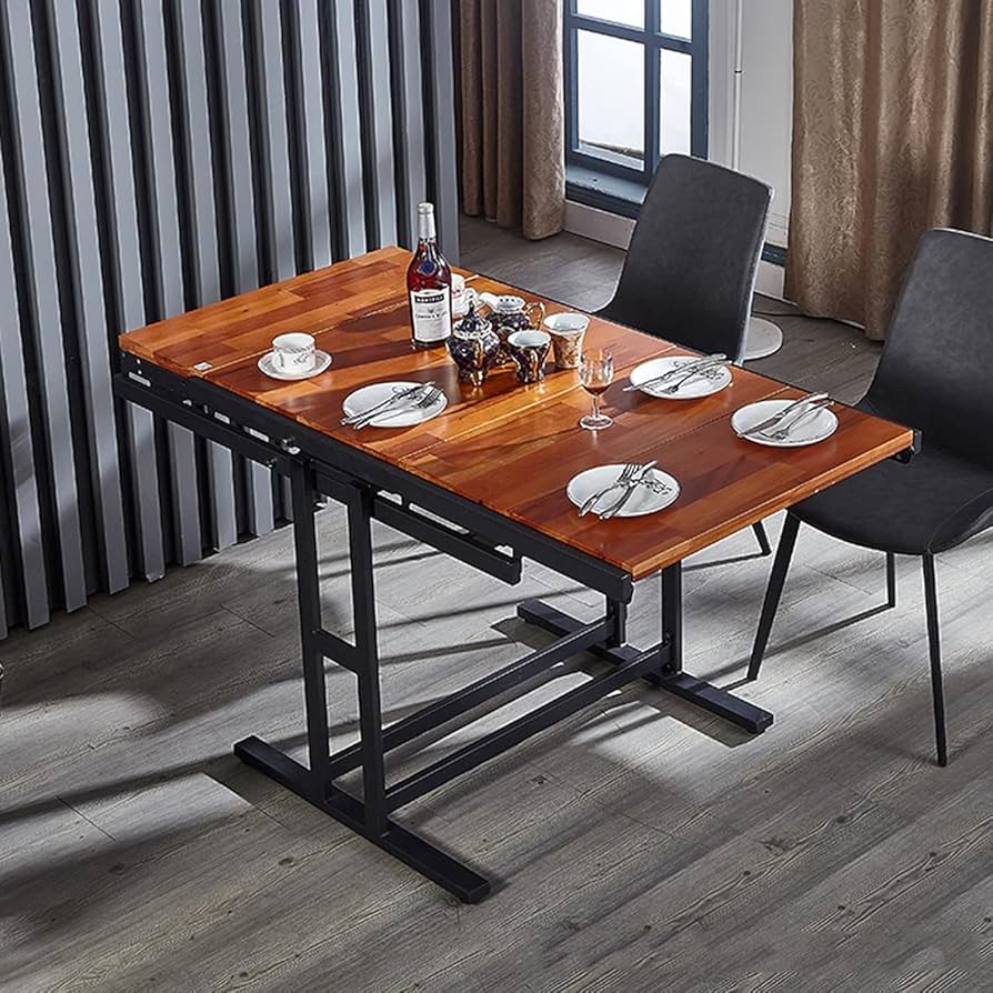 Folding Kitchen Table Set, Wooden Drop Leaf Table With 6 Chairs, Mobile Kitchen Table Extendable Dining Table For Restaurant Kitchen Living Room Dining Room-1.4M