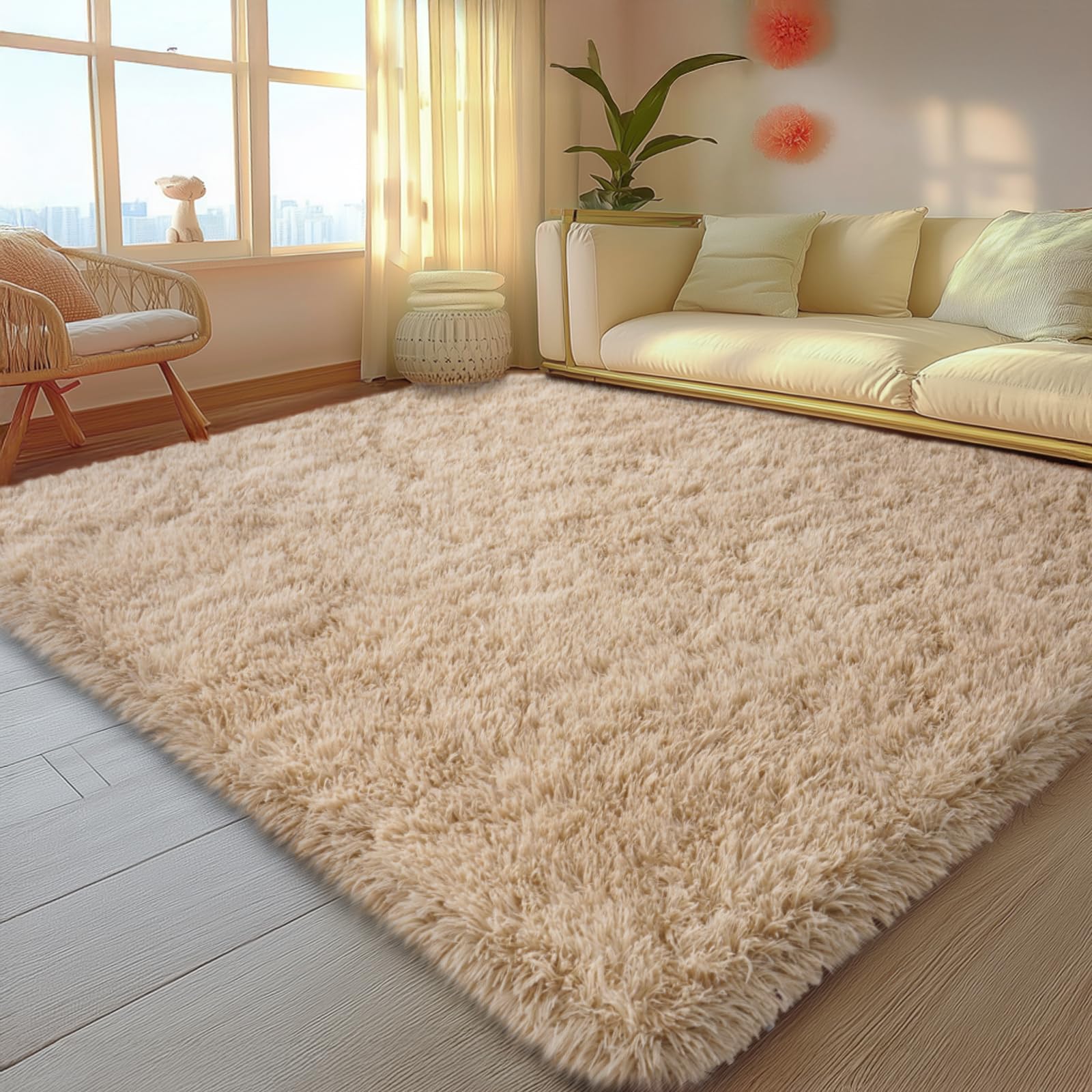 Photo 1 of Mugorn 5x7 Rugs for Living Room, Large Fluffy Area Rugs for Bedroom, Soft Carpet Shag Kids Room Rug, Non-Slip Fuzzy Rugs Indoor (Light Tan, 5ft x 7ft)