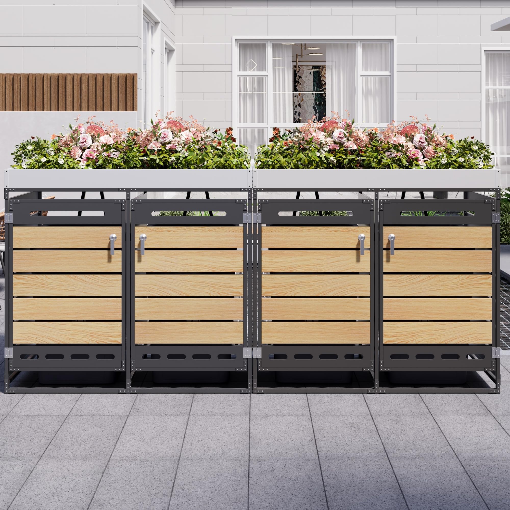 Contenedor de basura con jardinera, armario de almacenamiento de jardín de hierro con 4 compartimentos de almacenamiento, aspecto de madera horizontal, ventilación, cerradura