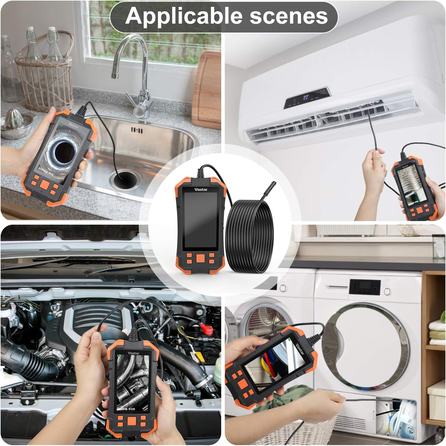 Collage of images showing the endoscope being used in various scenarios: inspecting a sink drain, an air conditioner unit, a car engine, and behind a washing machine.