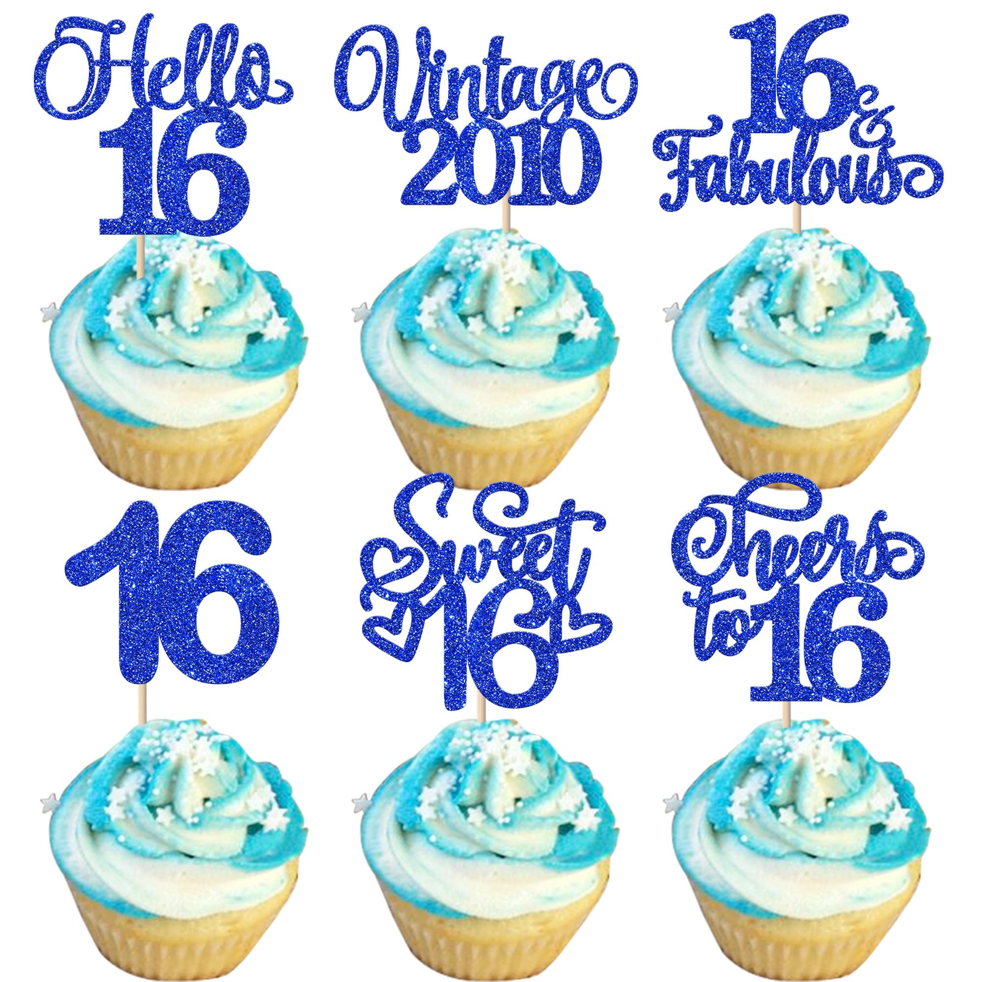 Xsstarmi 24 Pack Vintage 2010 Cupcake Toppers Glitter Blue Heart Hello Sixteen Sweet 16 Cupcake Picks Cheers to 16 Years Cake Decorations for Happy 16th Birthday Anniversary Party Supplies