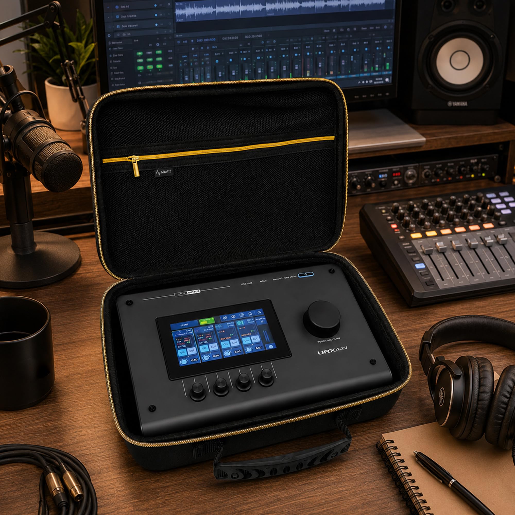 Musiin Custodia per interfaccia audio personalizzata compatibile con Yamaha URX22 URX44/44V, con tasca in rete, cerniera dorata e comoda maniglia per studio, archiviazione quotidiana e trasporto su