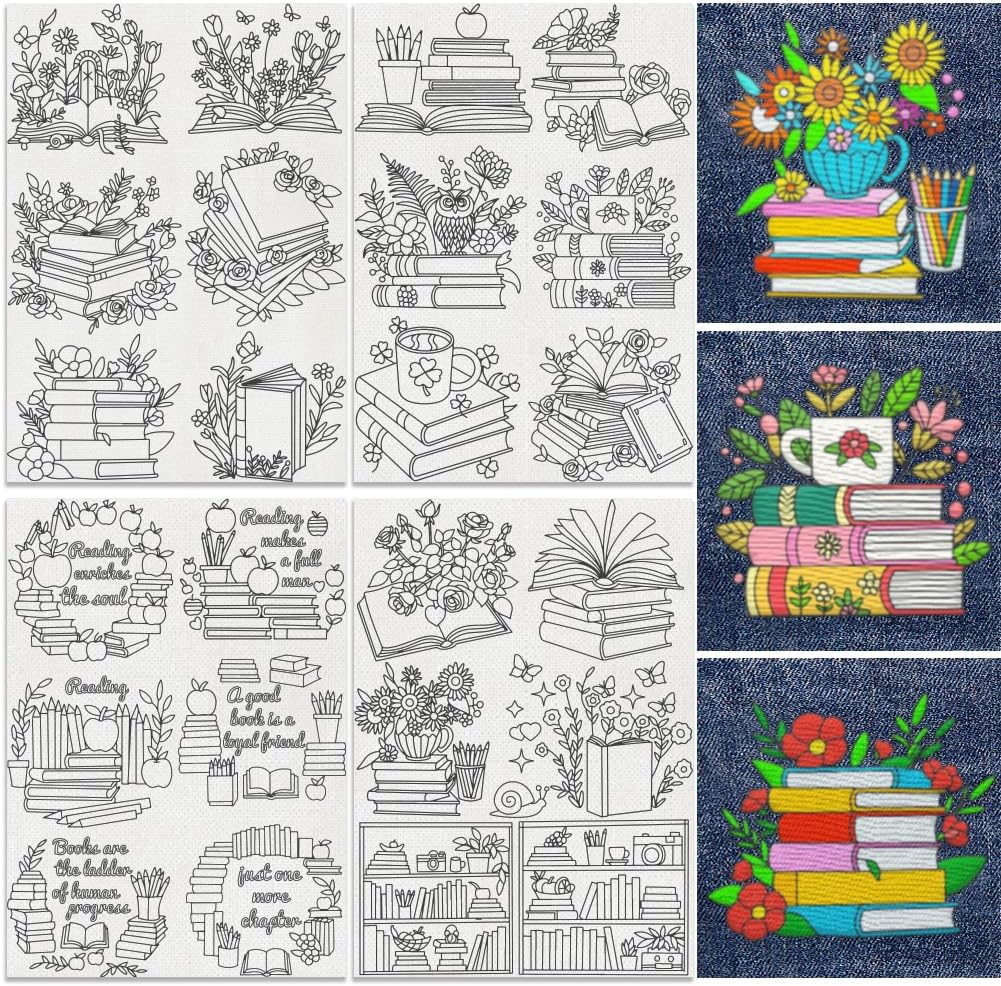 Pack of 24 Books Flowers Water Soluble Hand Sewing Stabilizers 8.3 x 11.7 Inches Books Plants Embroidery Pattern Stabiliser 4 Sheets Bookshelf Sheet Stick and Stitch Embroidery Paper