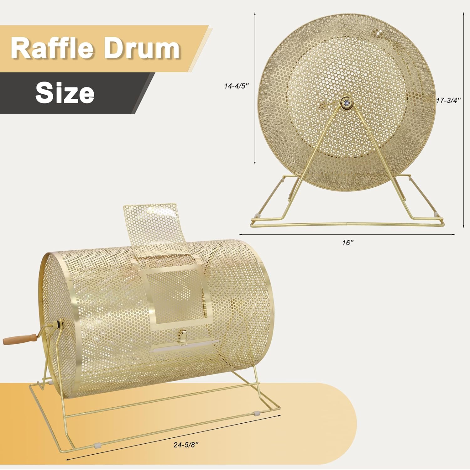 Raffle Drum, Brass Plated Raffle Ticket Spinner Cage Box with Wooden Turning Handle, Large Capacity Holds 10000 Tickets or 300 Ping Pong Balls, Raffle Wheel Spinner for Lottery Games Raffle Balls