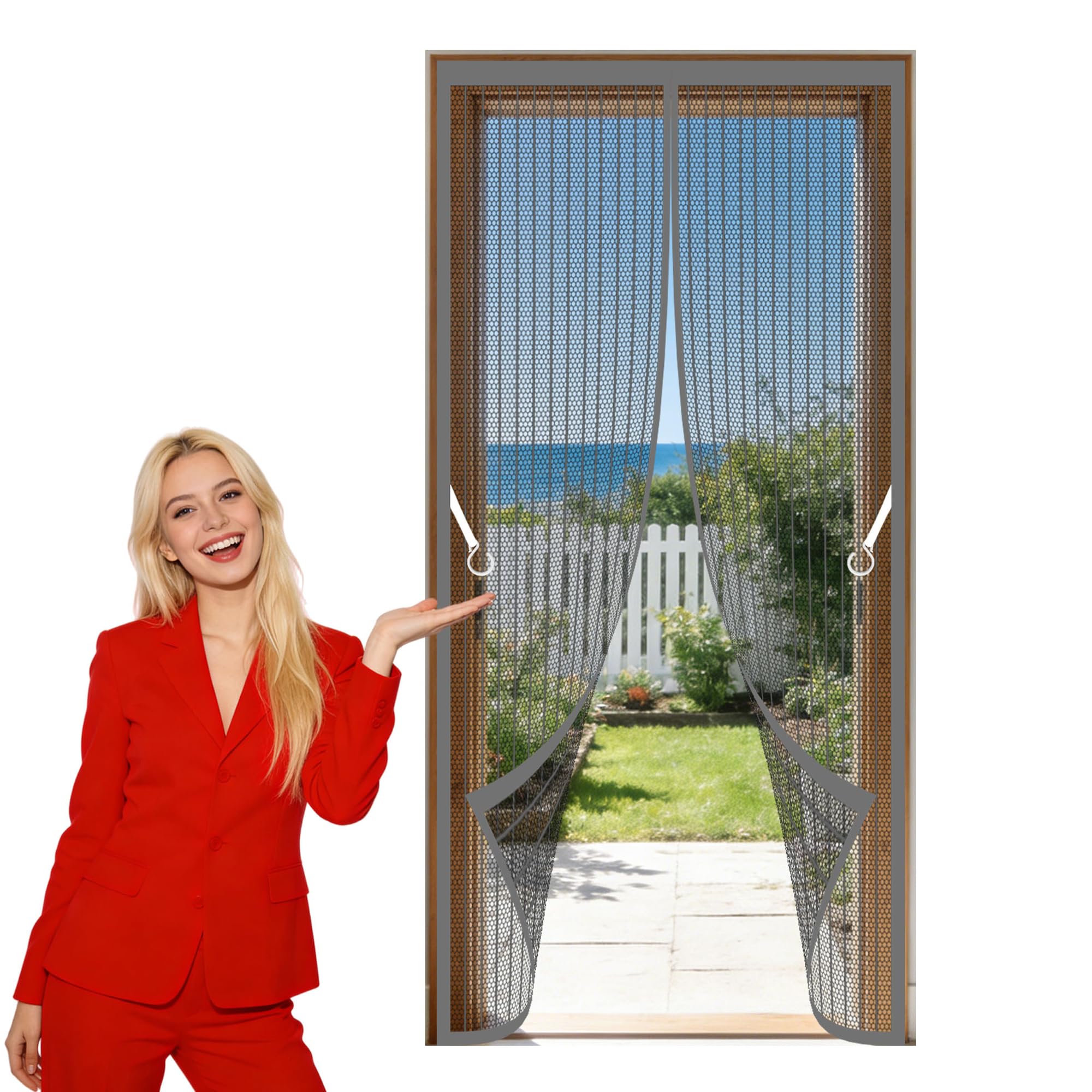 Fly Screen Door 93 x 210 cm Full Frame Magic Tape Screen Door Keeps Bugs Out Suitable for Balcony, Terrace, Cellar, Bedroom and Sliding Room, Grey