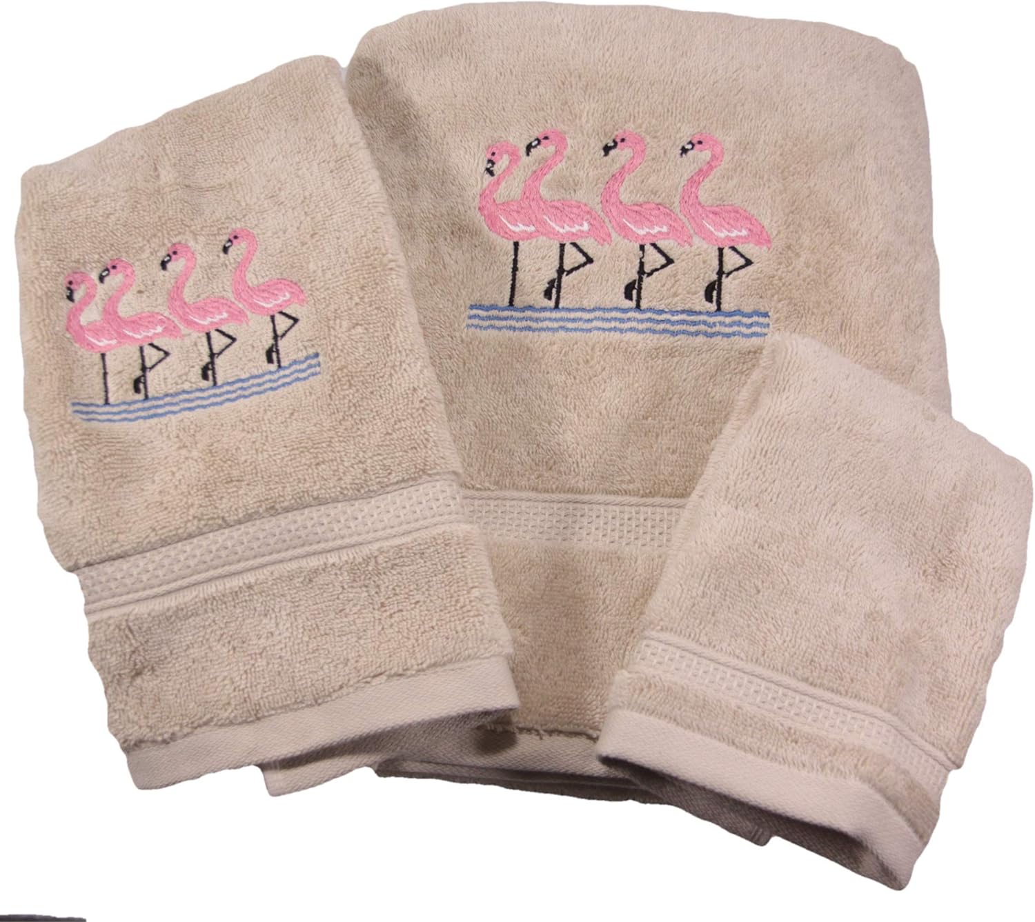 Bath Towel Set with Embroidered Group of Flamingos - Beige