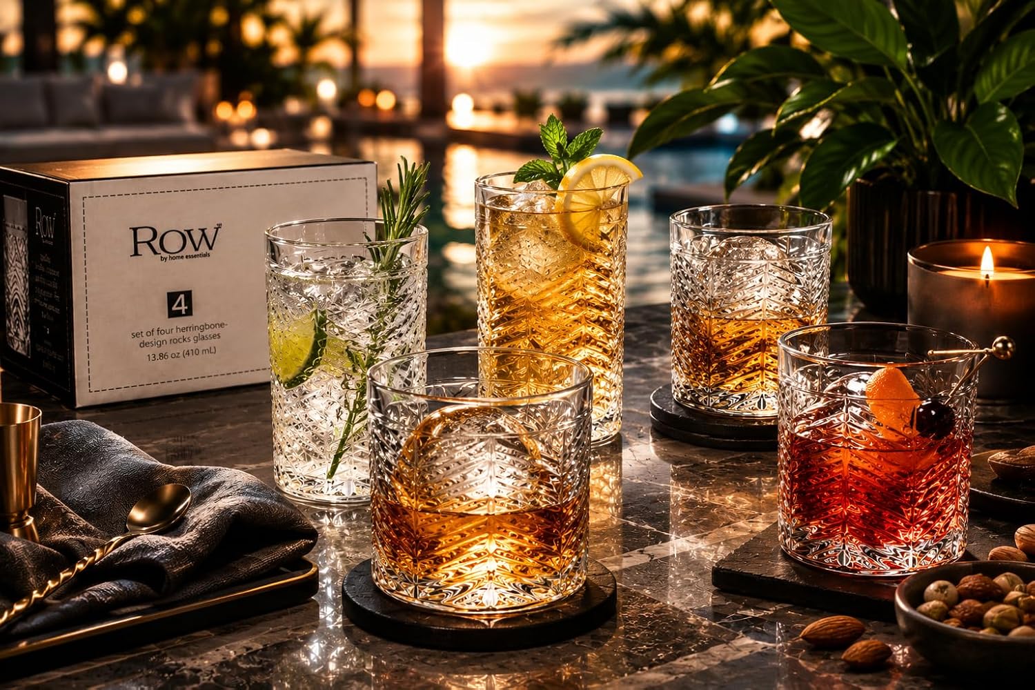 8 Piece Herringbone Glassware Set, 4 Highball Glasses 15.5 oz & 4 Whiskey Glasses 13.86 oz, Textured Drinking Glasses Set, Elegant Cocktail, Water & Juice Glasses,