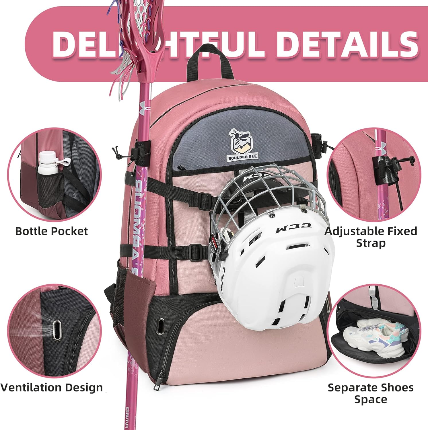 Boulder Bee Lacrosse Backpack with Stick Holders, Field Hockey Bag, Lacrosse Gift for Women