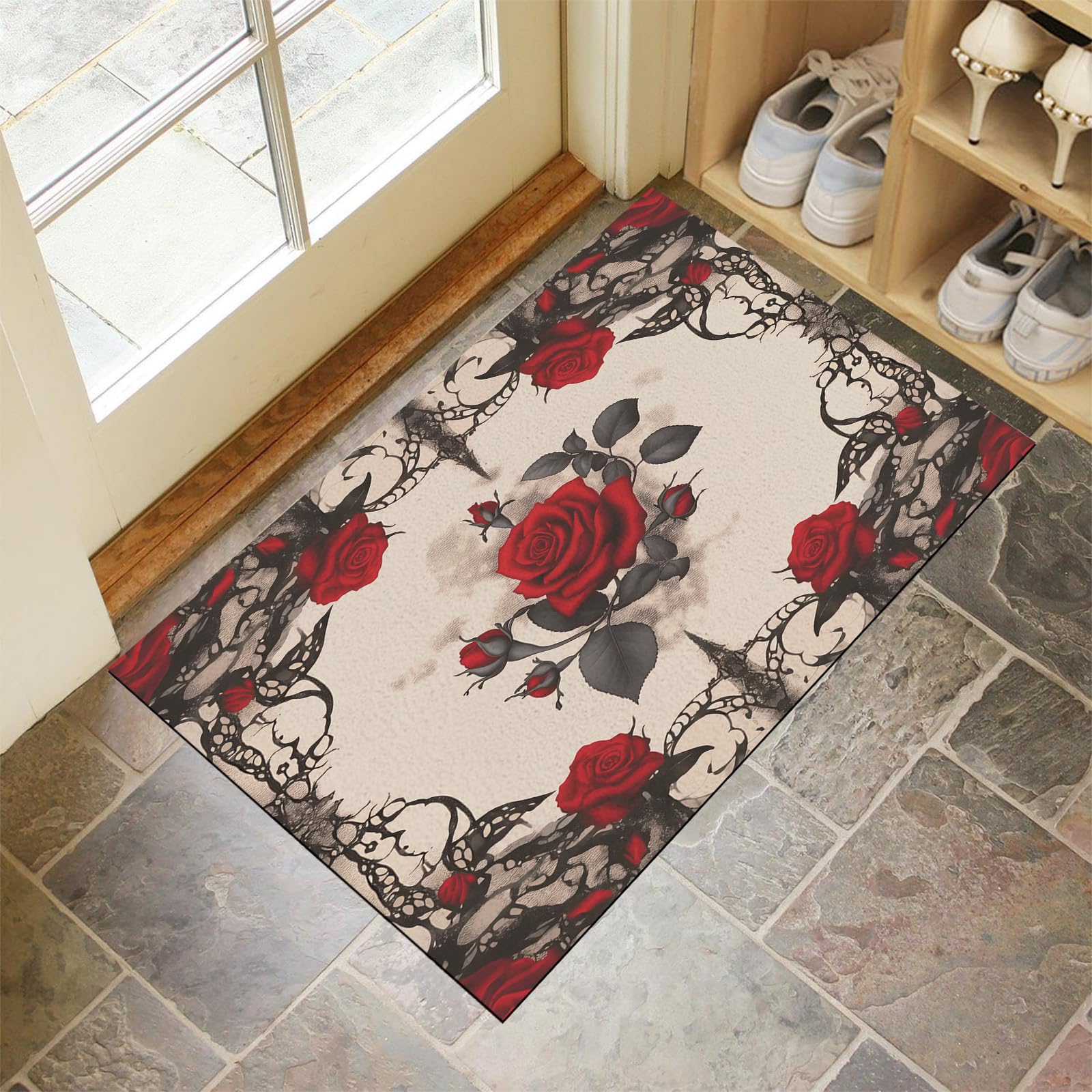 Tapis de porte pour couloir et cour au design roses et dentelle