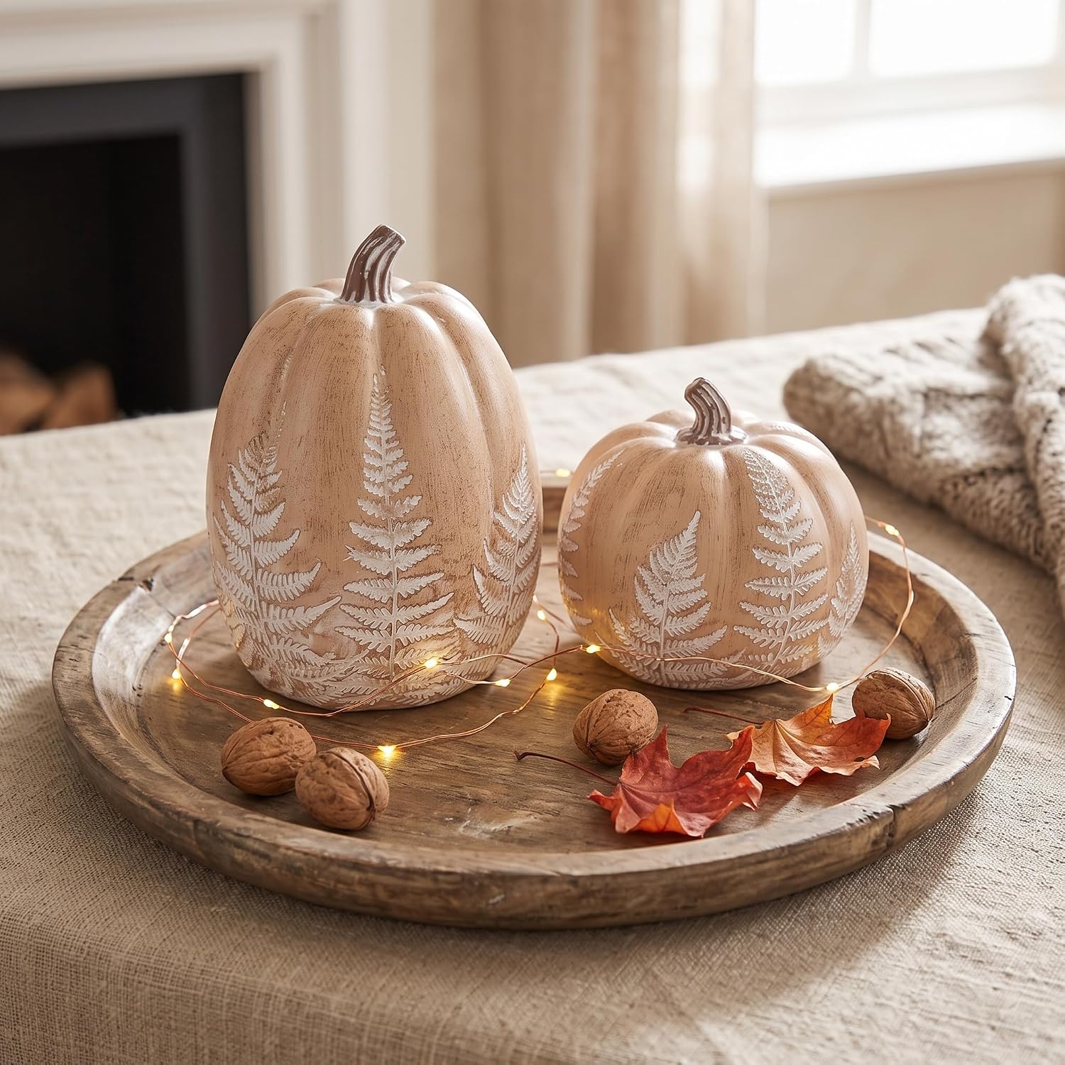 Fall Pumpkins for Decorating, Brown Resin Pumpkin Decor with Leaves Pattern image 4