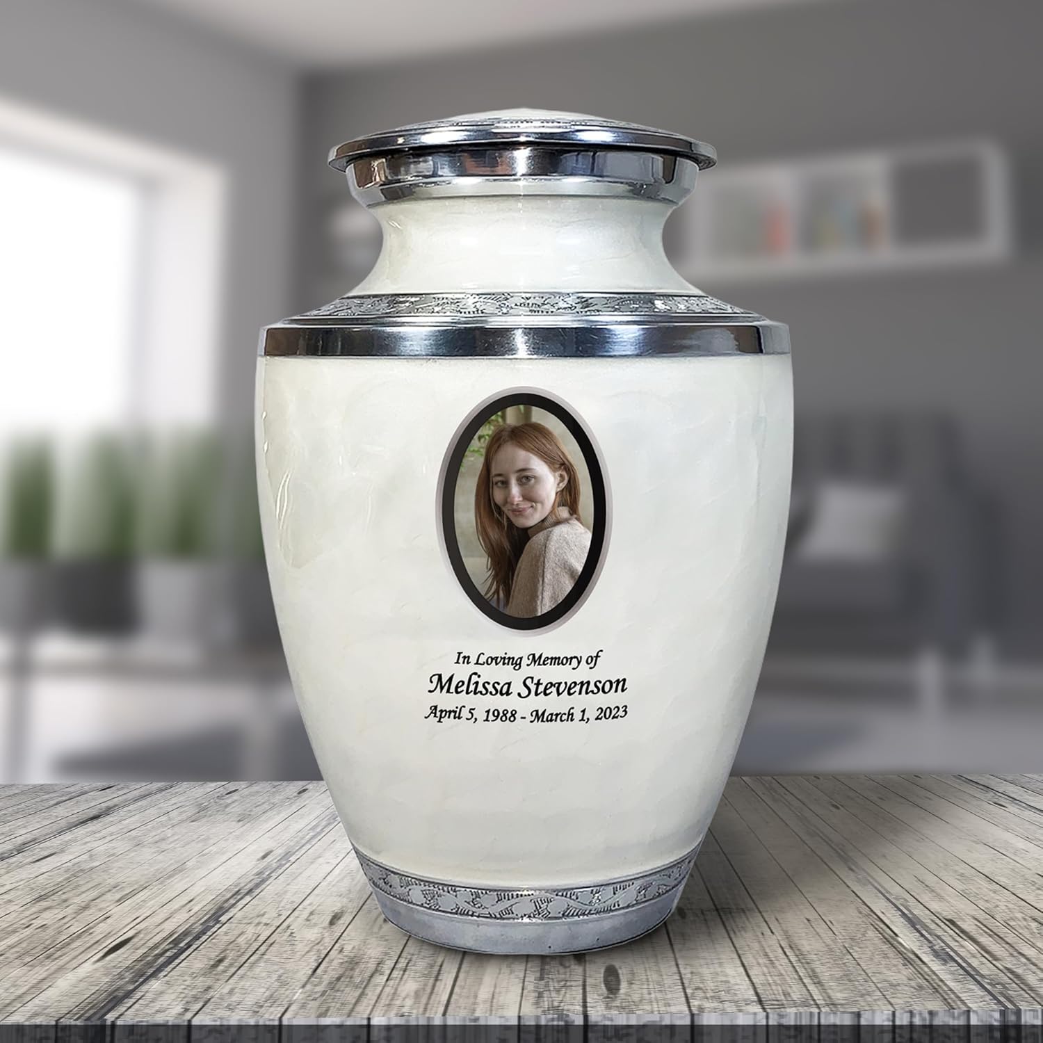 Personalized Photo Cremation Urns for Adult Human Ashes, Large Custom Engraved Picture Memorial Urn for Men and Women with Velvet Bag, Holds 230 lbs (White)