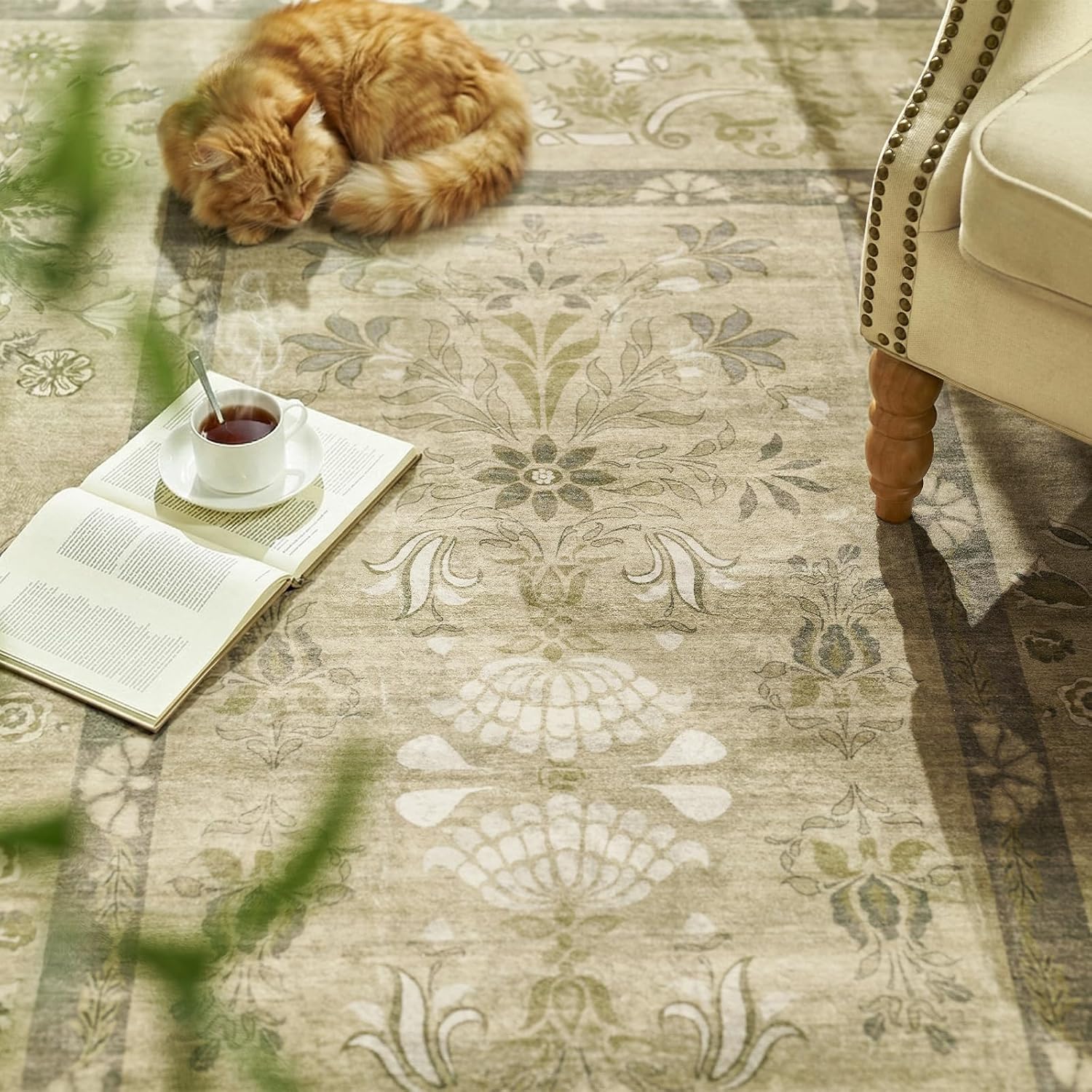 jinchan Area Rug 3x5 Washable Rug, Vintage Floral Living Room Mat Non Slip Home Decor Rugs, Low-Pile Carpet for Bathroom Entrance Bedroom Office Farmhouse and Dining Table (Brown Green)