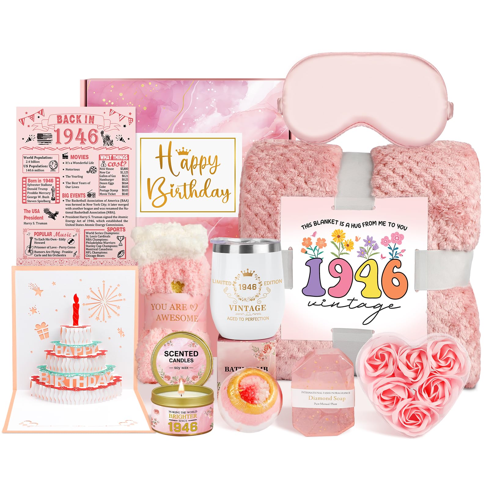 80th Birthday Gifts for Women, 1946 Birthday Spa Gift Basket with Blanket