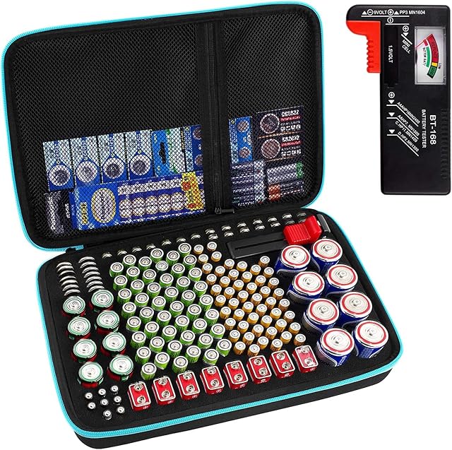 Battery Organiser Storage Box with Battery Tester (BT168), Case Bag Holder fits for 200+ Batteries AA AAA AAAA 9V C D Lithium 3V LR44 1.5V(Not Includes Batteries)