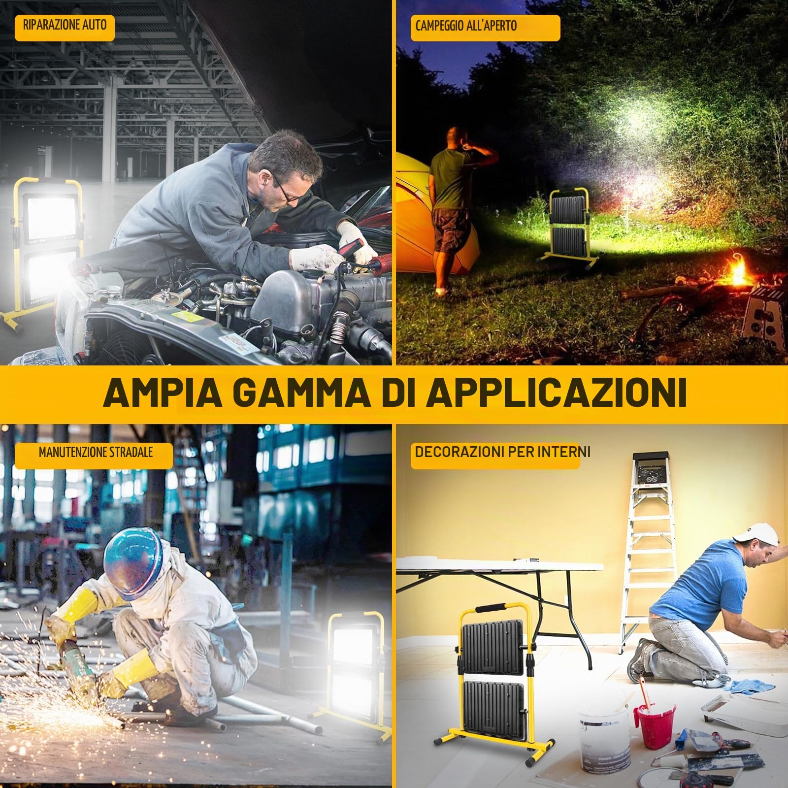 SKYWORLD 300W Faretto Led da Cantiere, 30000LM Faro da Cantiere Portatile | Proiettori Faretti Led con 5M Cavo e Spina, Impermeabile Lampada per Lavori Officina Garage Giardino Cantieri, 6000K Bianco