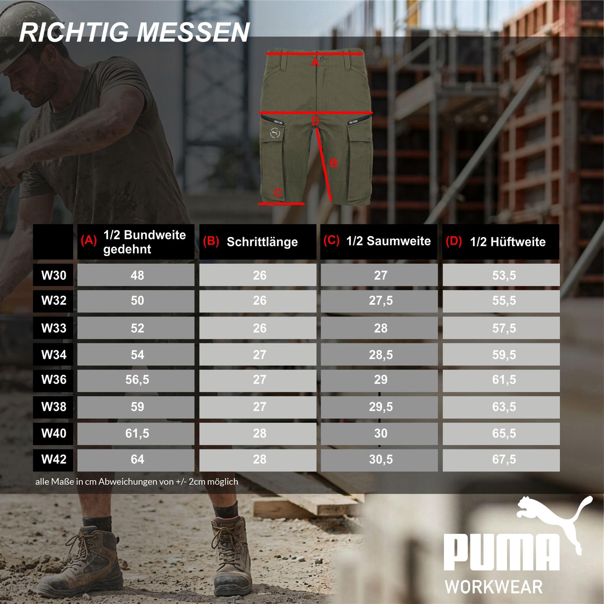 PUMA Workwear krótkie spodenki robocze męskie – wytrzymałe szorty ze stretchem i tkaniną Ripstop – gumka w pasie – podwyższona część tylna – szlufka na ramię – pokrowiec na telefon komórkowy