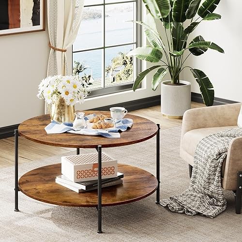 Miniatura 5 de WLIVE - Mesa de centro redonda, mesa de café pequeña de 32.6" con estante de almacenamiento, mesa de centro de madera de 2 niveles para sala de