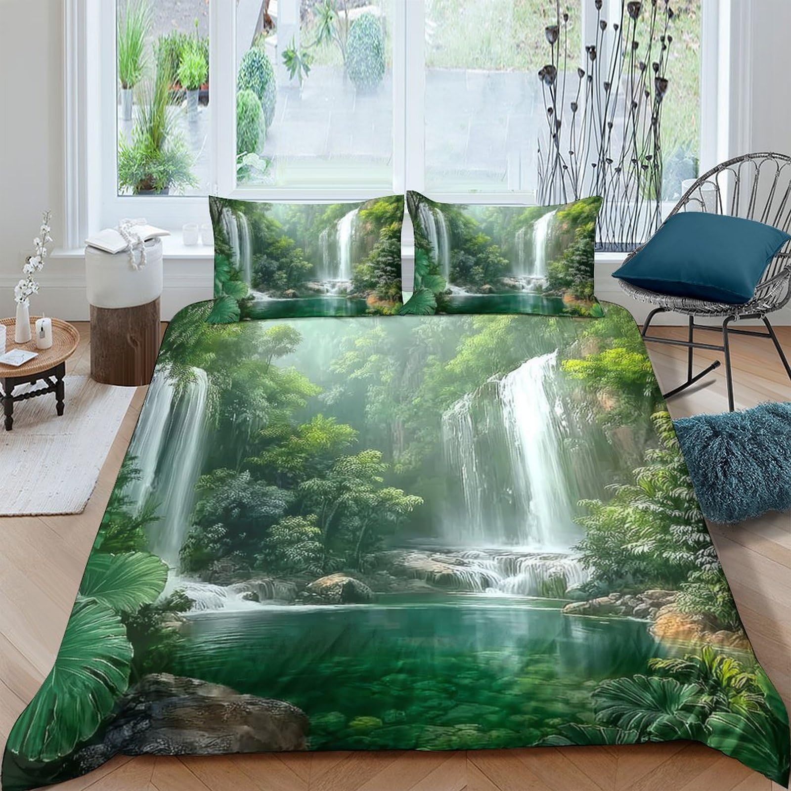 Ctjqhvkz Style-3 3D Printed Waterfall Forest Fitted Sheet Microfiber Soft Green Nature Mattress Cover Bedroom Decor Single（135X200cm）