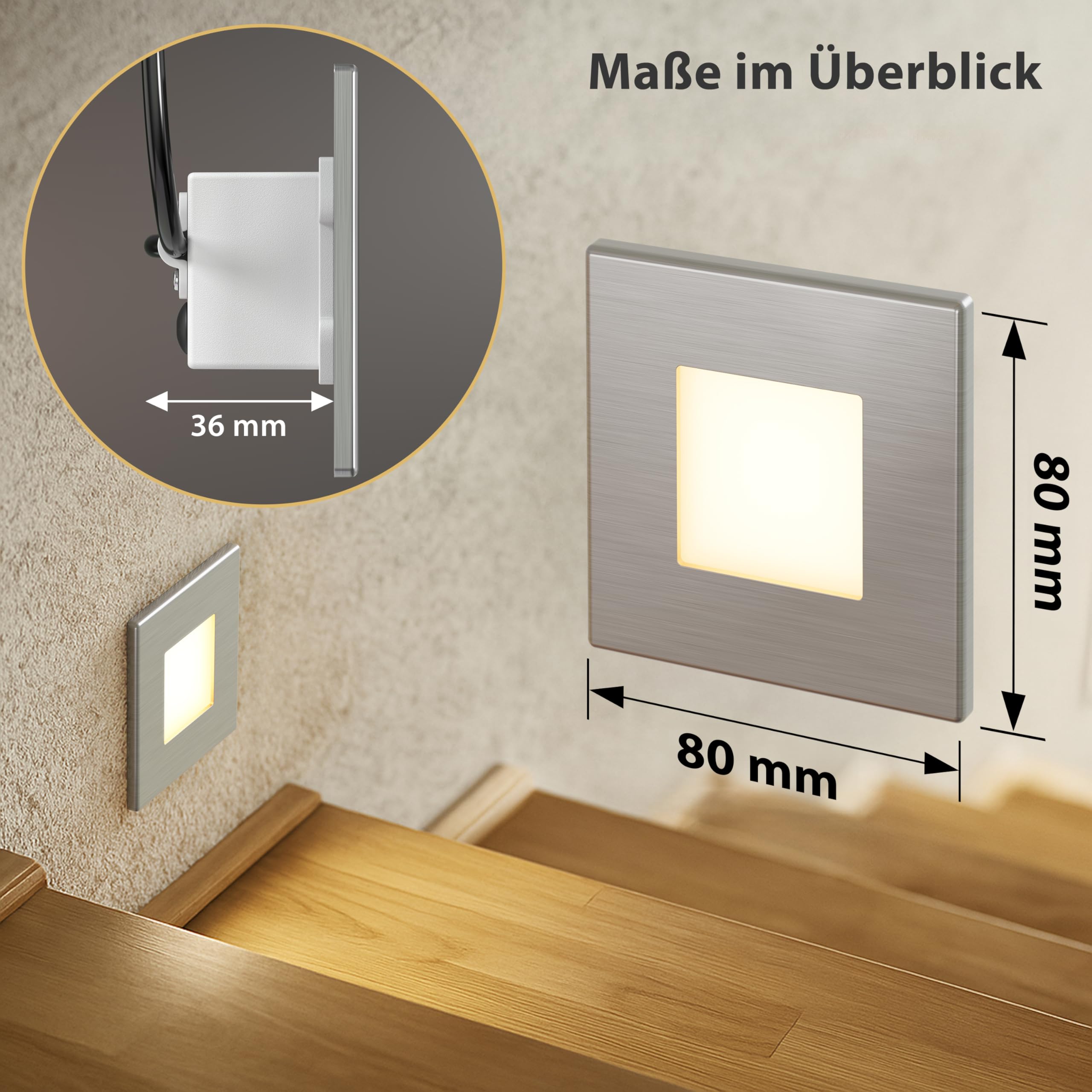 ledscom.de 10x LED Treppenlicht/Wandeinbauleuchte FEMA für innen und außen, eckig, edelstahl, 80 x 80mm, warmweiß