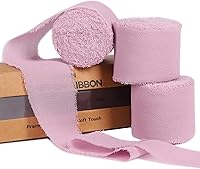 Vista 23 de 3 rollos de cinta de gasa con flecos hechos a mano color rosa claro de 1.5 pulgadas x 7 yardas, cinta rústica colorida similar a la seda para ramos