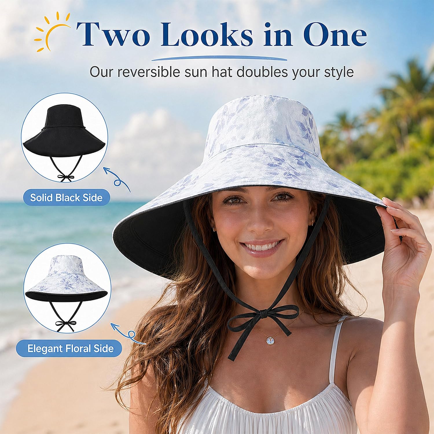Wide Brim Sun Hat for Women Reversible Foldable Beach Bucket Summer Hats Metal Wired Edge UV Protection Ponytail Hole Travel