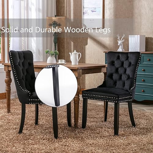 Miniatura 6 de Juego de 4 sillas de comedor de terciopelo negro, sillas de comedor tapizadas con anillo trasero y patas de madera maciza, sillas de comedor Negro