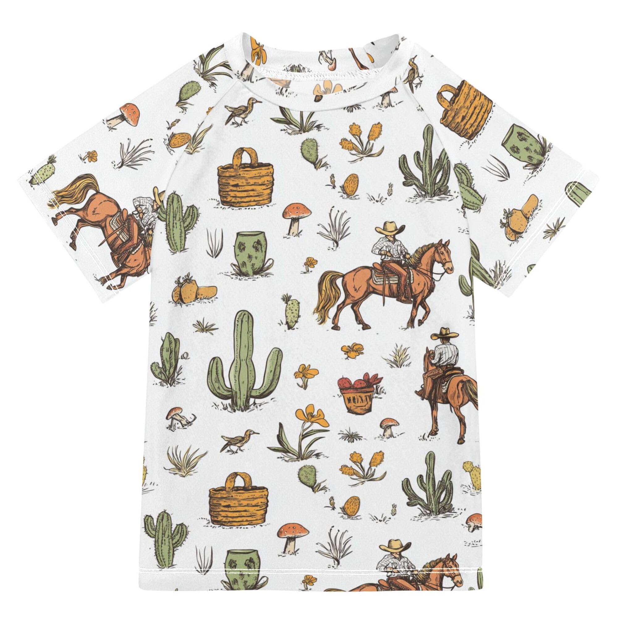 Western Cowboy Horse Cactus White Bathing Suit Kids Sun Protection Childrens Bathing Suits Swimwears Teen Clothing for Toddler Boy 7-8Y