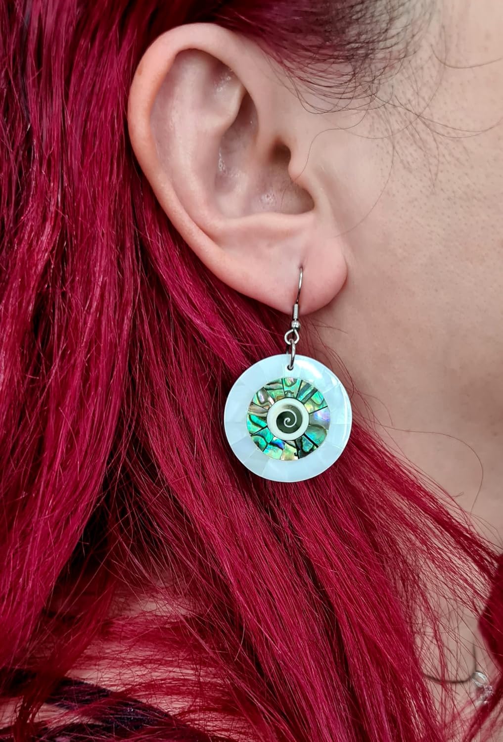 Iridescent Paua Abalone Earrings, Natural Shiva Eye Mother of Pearl Dangle Drop Earrings, Handmade Seashell Fashion Jewelry CA285-A - Image 6