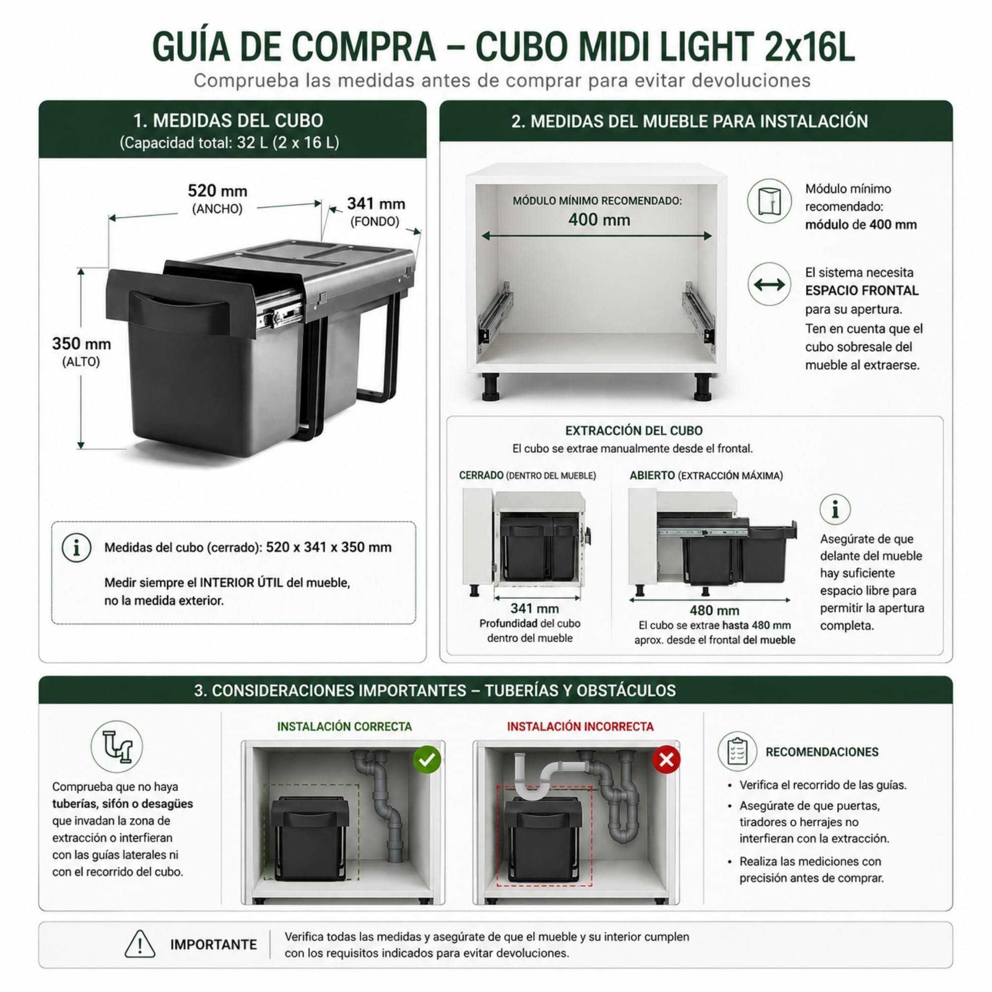 VERDU - Cubos de basura de reciclaje 2x16L Antracita con Sistema de Extracción Total, Fácil Instalación para Modulos de 400mm mínimo, Apertura suave- Cubo Basura Extraible Bajo Fregadero
