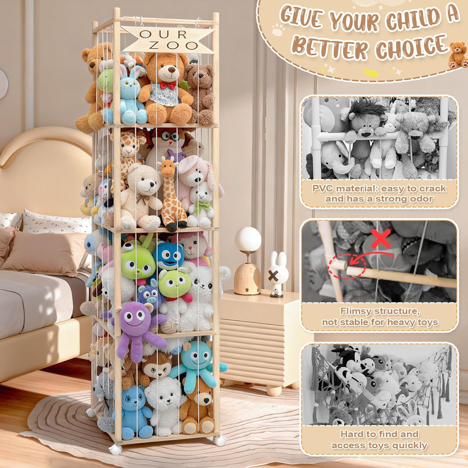 OurWarm Stuffed Animal Storage & Organizer, 68.5 Inch Large Wooden Zoo Stuffed Animal Holder with Wheels, Kids Toy Storage Organizer for Nursery Storage, Toddler Rooms, Playrooms, Bedroom Organization - Image 7