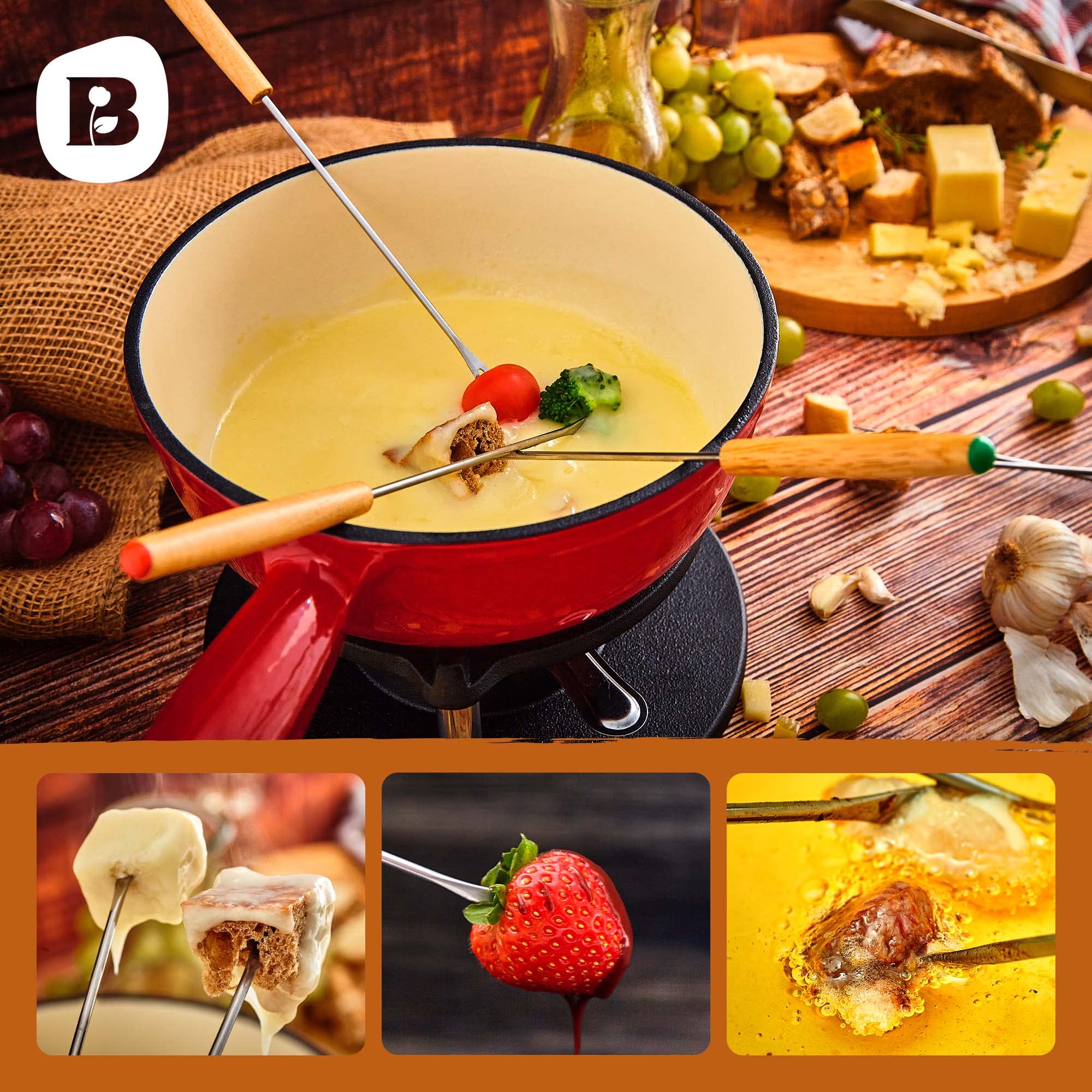 Juego de Fondue de Hierro Fundido para 6 Personas | 2 litro | Juego de Fondue de 9 Piezas | esmaltado Adecuado para Fondue de Queso Fondue de Chocolate para Fondue de Carne