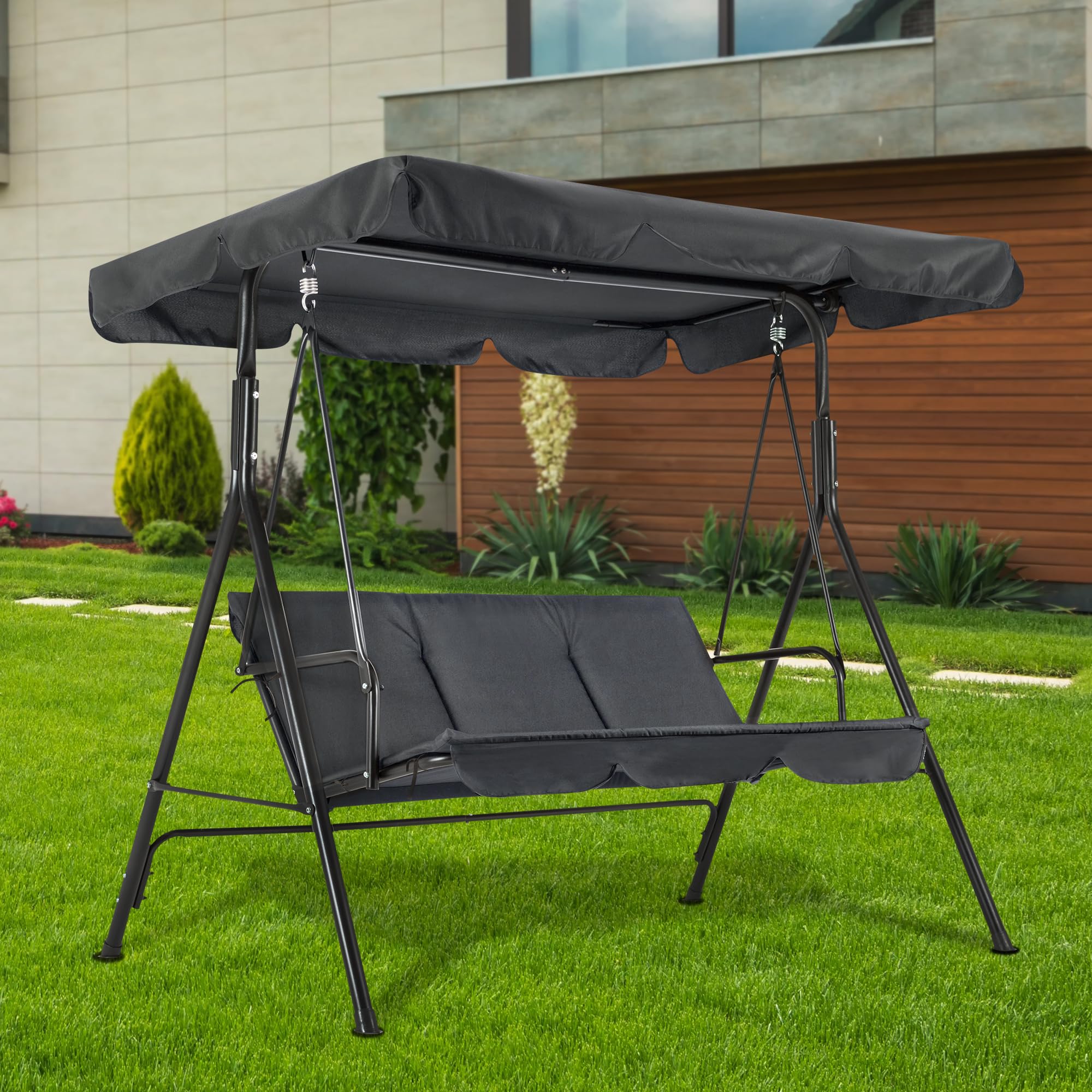 M MCombo Balancín de jardín de 3 plazas, con toldo ajustable, banco balancín para exteriores, resistente a la intemperie, 114 x 170 x 155 cm, gris 8003
