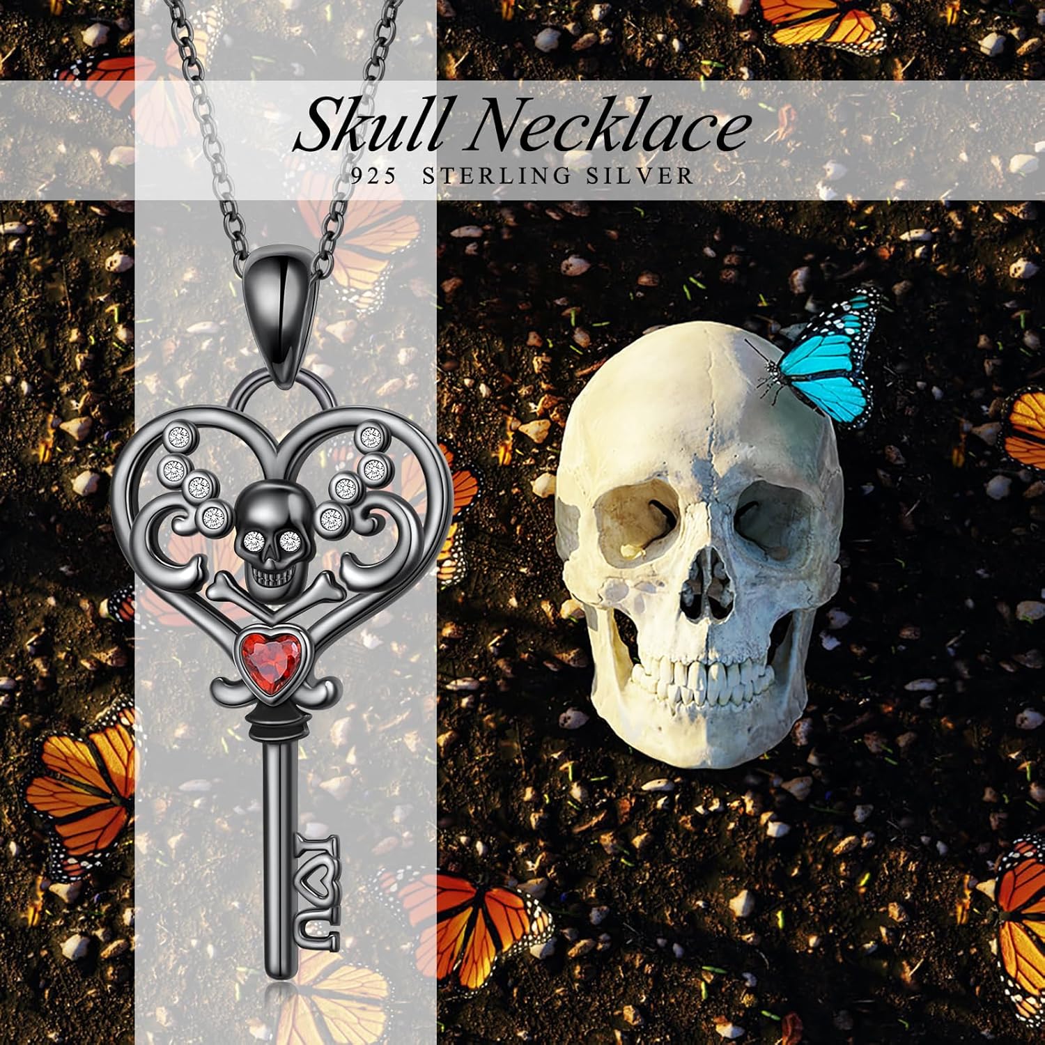 Skeleton Key Necklace for Women 925 Sterling Silver Skull Key Necklace Ruby Pendant Necklace Gothic Halloween Jewelry for Men Women - Image 3