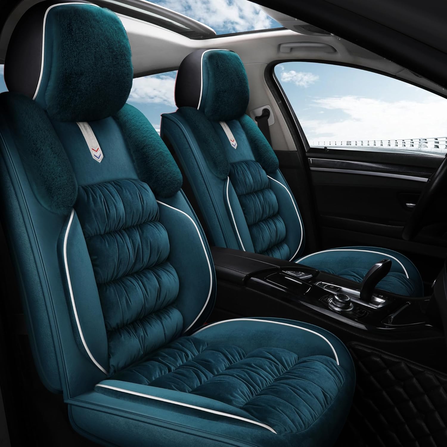 AOOG Fuzzy Car Seat Covers, Heated Bench Back Cushion Protector for Cars SUV Trucks(Front Pair,Black)