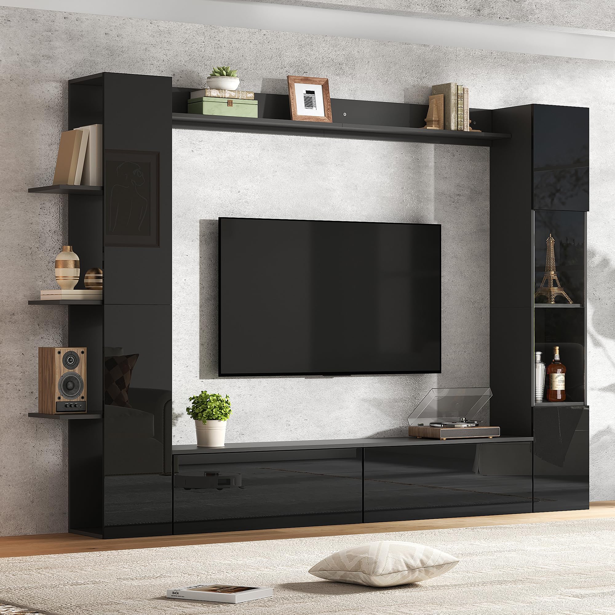 Parete per soggiorno, vetrina, porta intercambiabile, set da 4 pezzi, parete compatta con molto spazio di archiviazione, armadietto TV, vetrina, armadietto di immagazzinaggio, appositamente