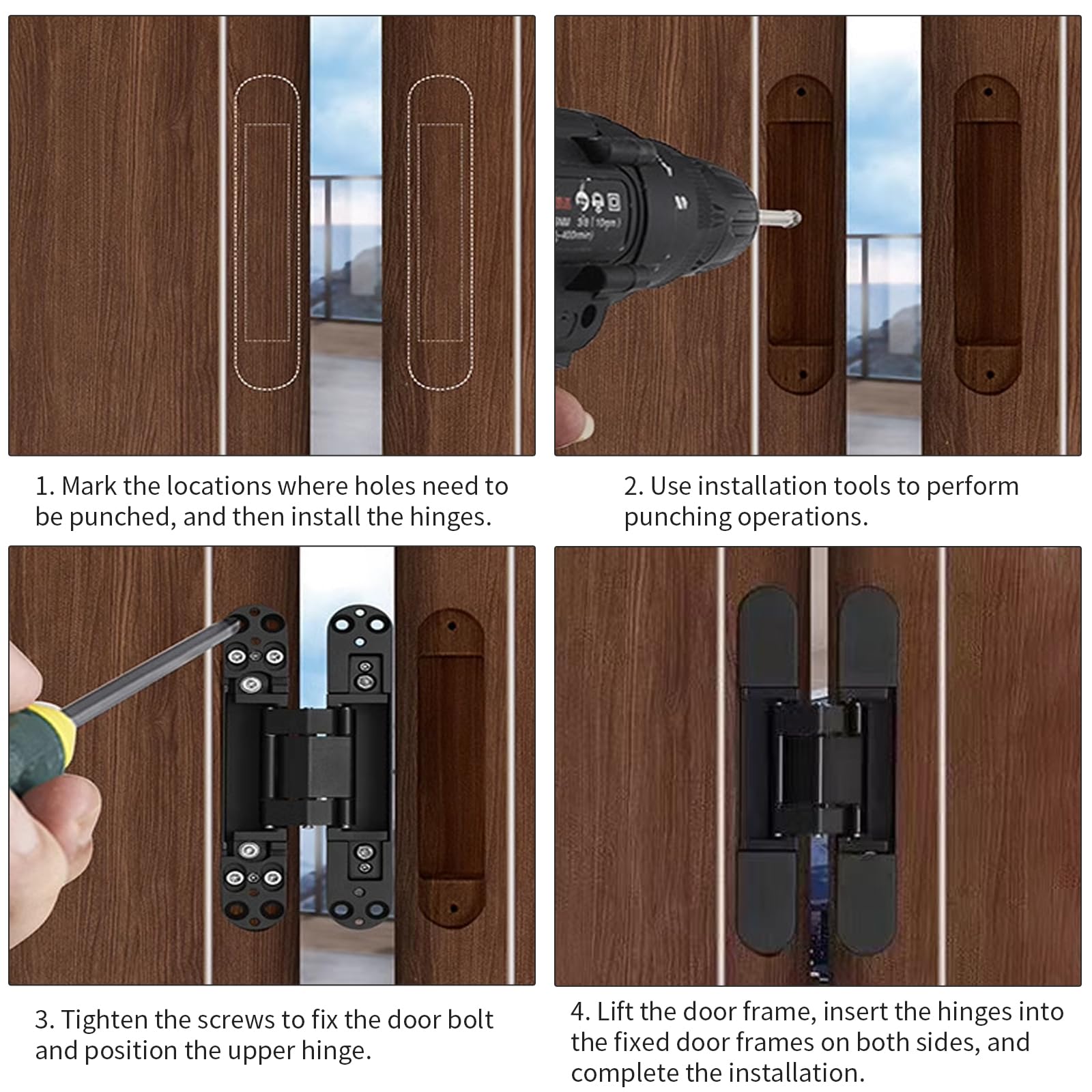Lot de 2 charnières de porte cachées, pivotantes à 180 °, noires, 3 positions de réglage, pour porte invisible et silencieuse, noir, 110 x 25 mm