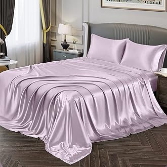 Vonty Satin Sheets Full Size Silky Soft Satin Bed Sheets Luxury Lavender Sheet Set, 1 Deep Pocket Fitted Sheet + 1 Flat Sheet + 2 Pillowcases